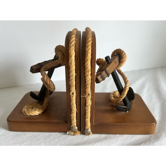 Vintage Anchor Bookends Wooden with Anchor Rope Nautical - Picture 2 of 10